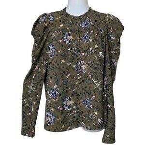 Rachel Zoe Top Womens Small Green Floral Button Down Puff Sleeves Cottage